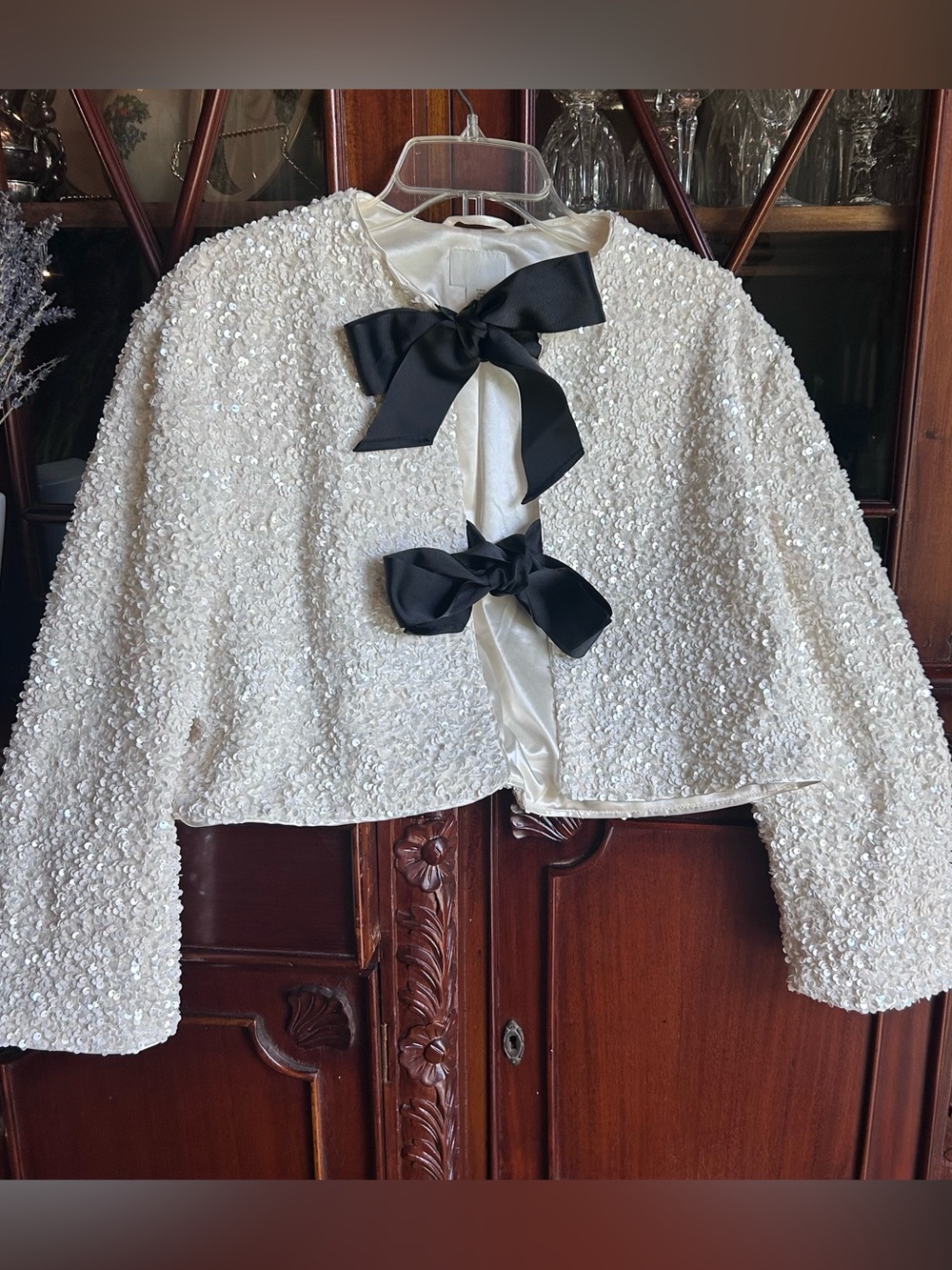 H&M Women’s Cream Sequined Crop Jacket with Black Bow Detail